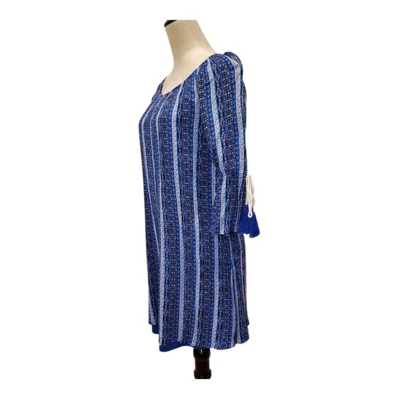 C by CHARMING CHARLIE SZ M Blue Striped Geometric Print 3/4 Sleeve Dress - Picture 3 of 8